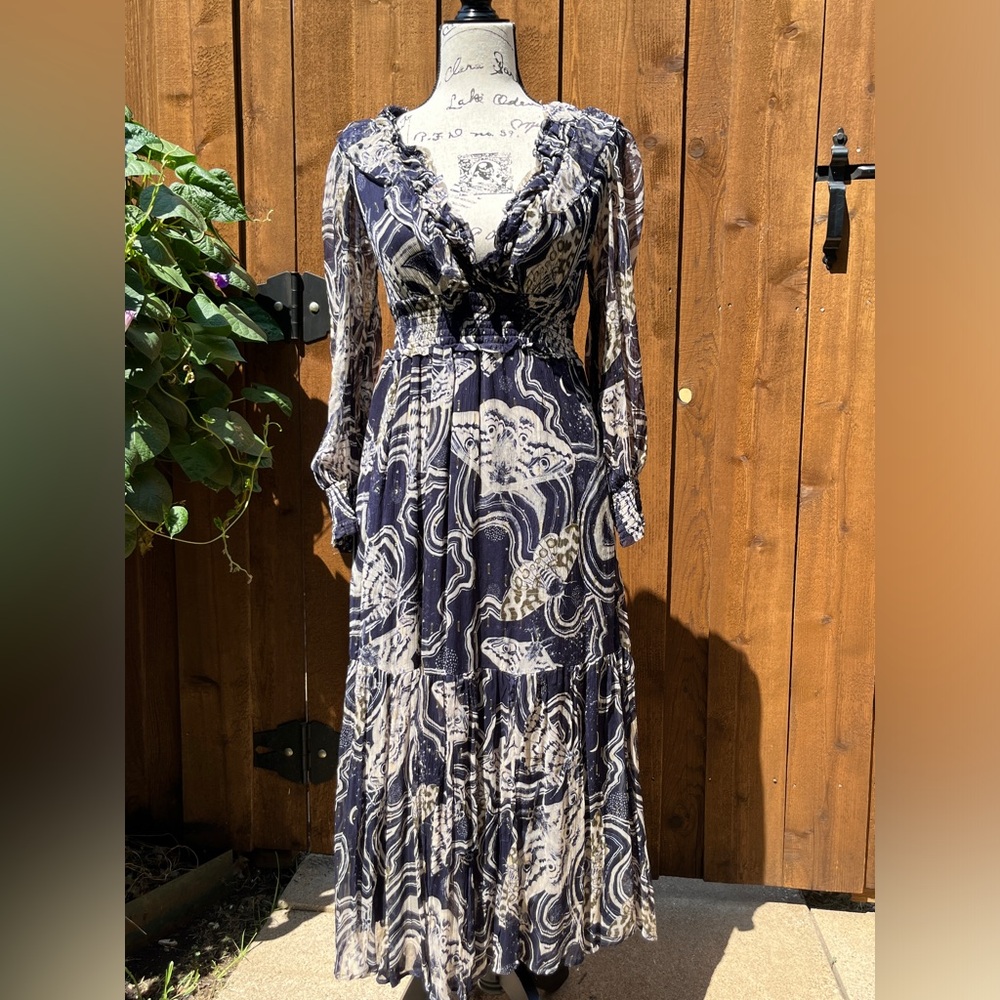 Anthropologie by Painter Johnson V-neck Textured Midi Dress Navy Size XSP NWT